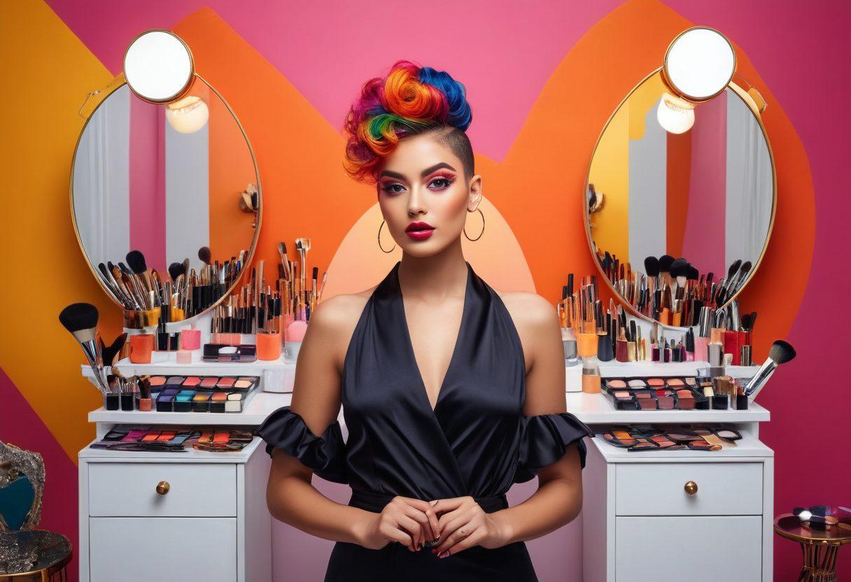A stylish person standing confidently in front of a vibrant, colorful backdrop, showcasing various aesthetic enhancements like unique hairstyles, striking makeup, and fashionable clothing. The composition should convey a sense of transformation and empowerment, incorporating elements like mirrors and beauty tools scattered artistically around them. The overall mood should be lively and inspiring, inviting viewers to explore their own aesthetic journey. super-realistic. vibrant colors. white background.