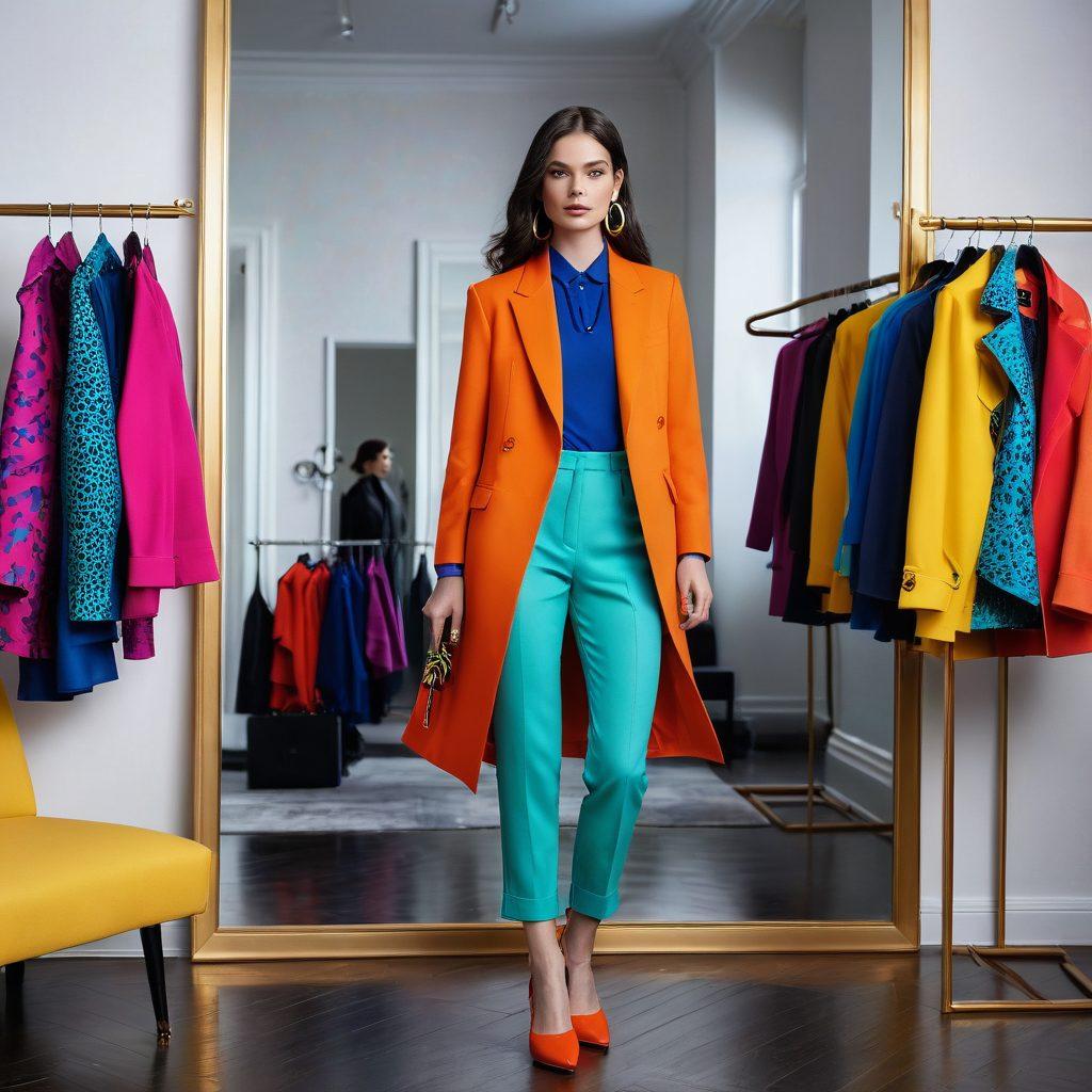 A stylish transformation scene showcasing a before and after of a person’s wardrobe, transitioning from dull, muted clothing to vibrant, fashionable outfits. Include elements like a mirror reflecting the transformation, accessories scattered around, swatches of colorful fabric, and a touch of high-fashion magazines in the background. Emphasize a sense of confidence and flair in the new look. vibrant colors. modern fashion illustration.